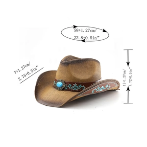 Detail of vintage cowboy hat with turquoise stone and floral embroidery on leather band