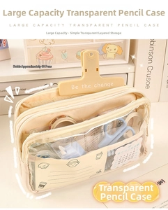 Detailed view of 3-layer large capacity clear pencil case with a multi-purpose clip