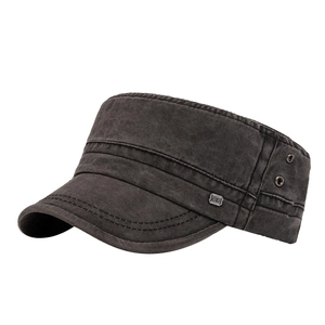 Mens dark grey washed cotton military flat top cap with vintage texture and side metal tag