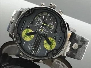 Close-up of a large dial multi-time zone watch with grey camo fabric strap and big case
