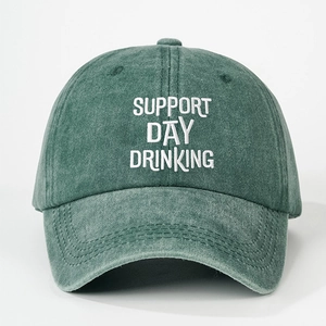Vintage dark green washed baseball cap with SUPPORT DAY DRINKING white embroidery