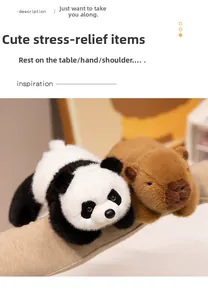 Close-up of soft plush panda and capybara toys with a fluffy texture in a warm scene