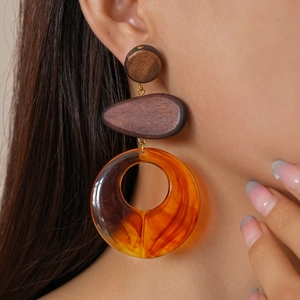 Close-up of retro geometric resin and wood earrings worn by a model in a side profile