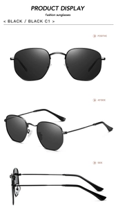 Three-angle views of black irregular metal frame sunglasses with dark lenses