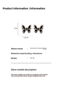 Detail view of rhinestone butterfly earrings with alloy material and 3x3.2cm dimensions