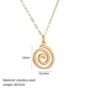 Minimalist gold stainless steel necklace with spiral swirl pendant and dimensions