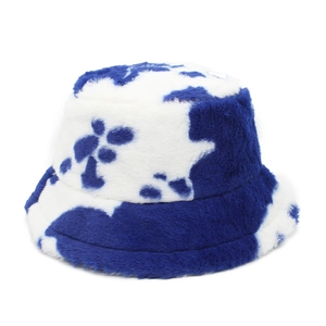 Detail of blue and white plush bucket hat showing the soft faux fur texture