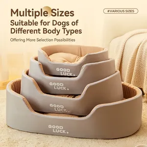 Cama redonda lavable para mascotas en cuatro tamaños con estampado Good Luck gris café
