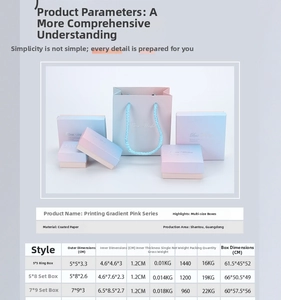 Detailed chart showing various sizes of pink gradient jewelry boxes for rings and necklaces