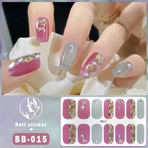 Detail showing BB-015 5D gel nail stickers with pink and grey geometric rhinestone patterns