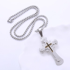 Vintage stainless steel triple-layer cross pendant necklace with black rhinestones