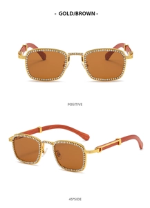 Detailed front and side views of gold square sunglasses with diamonds and wood grain temples