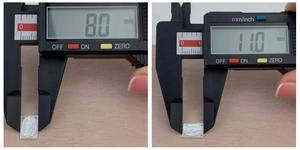 Detailed measurement of silver Mother of Pearl pendant showing 8.0mm width and 11.0mm height