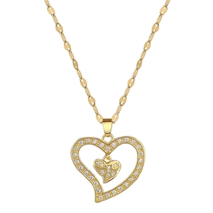 Double heart zircon pendant necklace with gold chain and sparkling crystal stones