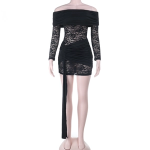 Detail of lace off-shoulder dress featuring side ruching and decorative long ribbon