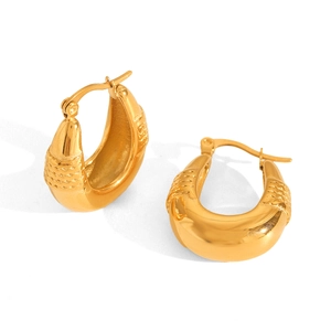 Fashionable 18k gold plated stainless steel U-shaped hoop earrings on white background