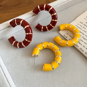 Vintage French C Shape Hoop Earrings Enamel Gold Plated Alloy Striped Elegant Daily Jewelry For Women With Silver Earring Post