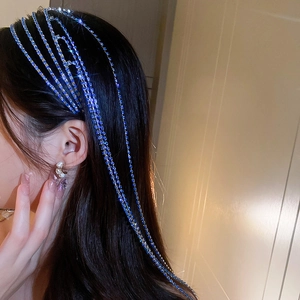 Close-up of sparkling blue rhinestone fringe tassels on elegant headband jewelry