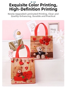 Detail of Valentine bear gift bags featuring waterproof film and red woven handles