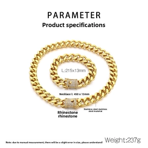 Detailed size specs for 13mm gold Cuban link chain necklace and bracelet with rhinestones