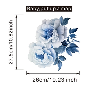 Dimensioni dettagliate dell'adesivo blu per copriwater con design di peonia impermeabile