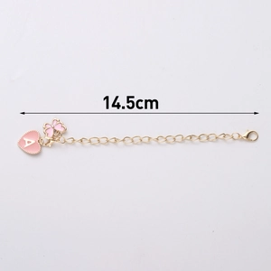 Golden cup chain accessory with pink enamel heart letter A and flower pendant 14.5cm