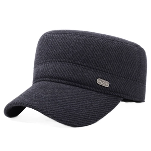 Navy wool flat top winter hat for men with warm ear protection and metal B logo