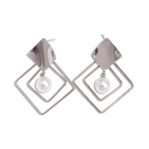 Silver geometric rhombus drop earrings with faux pearls and hollow metal design