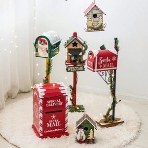 Christmas Mailbox Birdhouse Decorative Ornaments Wooden Santa Mail Box With LED Lights For Outdoor Garden Yard Rustic Farmhouse Style