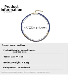 Lapis lazuli beaded necklace with 18K gold plated stainless steel accents and dimensions