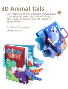 Detail of dinosaur and sea life cloth books featuring 3D animal tails and hanging rings
