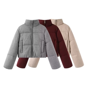 Short stand-collar puffer jackets in grey, wine red, and beige with front zippers