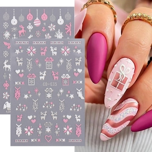 Nail Stickers Christmas 3D Embossed Snowflakes Snowman Cupid Reindeer Pink White Self Adhesive Manicure Decal Decoration
