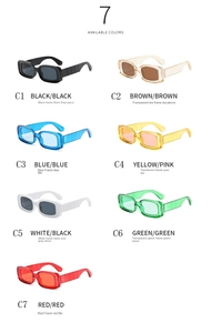 Detailed close-up showing seven stylish small square sunglasses in various vibrant colors
