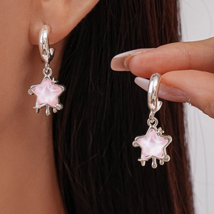 Star-shaped silver earrings with pink marble inlay and delicate rhinestone tassel