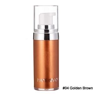 Detail of Golden Brown shimmer body liquid in a clear bottle with a silver pump