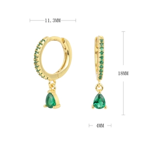 Detail view of gold drop earrings with green zircon showing 11.3mm and 18mm dimensions