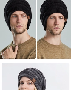 Close-up of winter ribbed knit beanie showing thick texture and leather logo patch