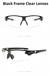 Detail view of black semi-rimless cycling glasses with clear lenses and anti-slip temples