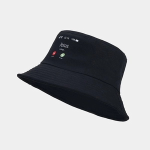 Detail shot of the Jesus Calling phone call print on a black cotton bucket hat