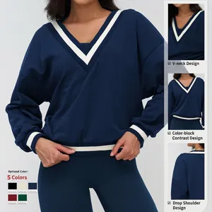 Women V-neck sports sweatshirt with contrast stripes and drop shoulder in navy blue