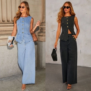 Women Denim Vest And Wide Leg Pants Top And Bottom Set Button Sleeveless Denim Suit Casual Streetwear Outfits