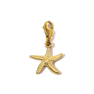 Detail of golden starfish charm with lobster clasp made of stainless steel for DIY