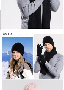 Three-piece winter knit set including warm beanie, scarf and gloves in pink and black