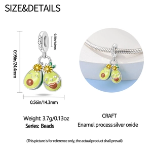 Detailed avocado charm size view in enamel silver showing dimensions and 3.7g weight