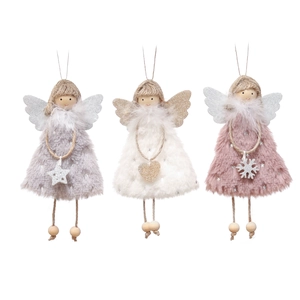 Set of 3 plush Christmas angel dolls with wooden beads and shiny wings for tree decor