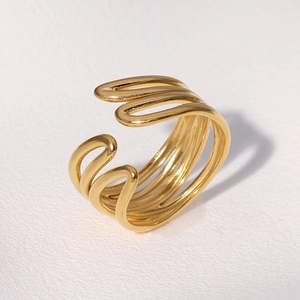 Minimalist gold stainless steel multi-layer wavy open ring with a polished finish
