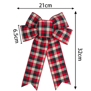Christmas plaid fabric bow decoration in red and black with detailed size measurements