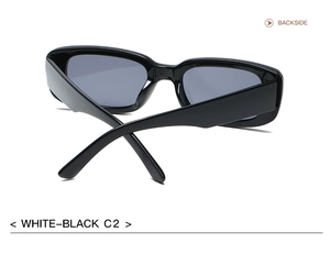 Back view of classic black glossy frame sunglasses with white interior accents