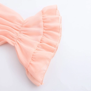 Elegant pink V-neck maxi dress featuring ruffled flare sleeves and premium chiffon fabric